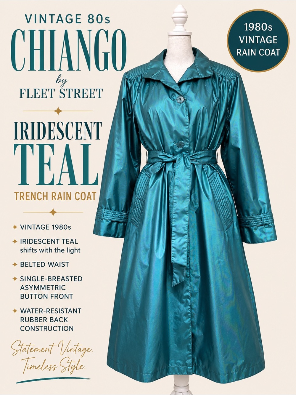 Vintage 80s Chiango Fleet Street Iridescent Teal Belted Trench Rain Coat XL